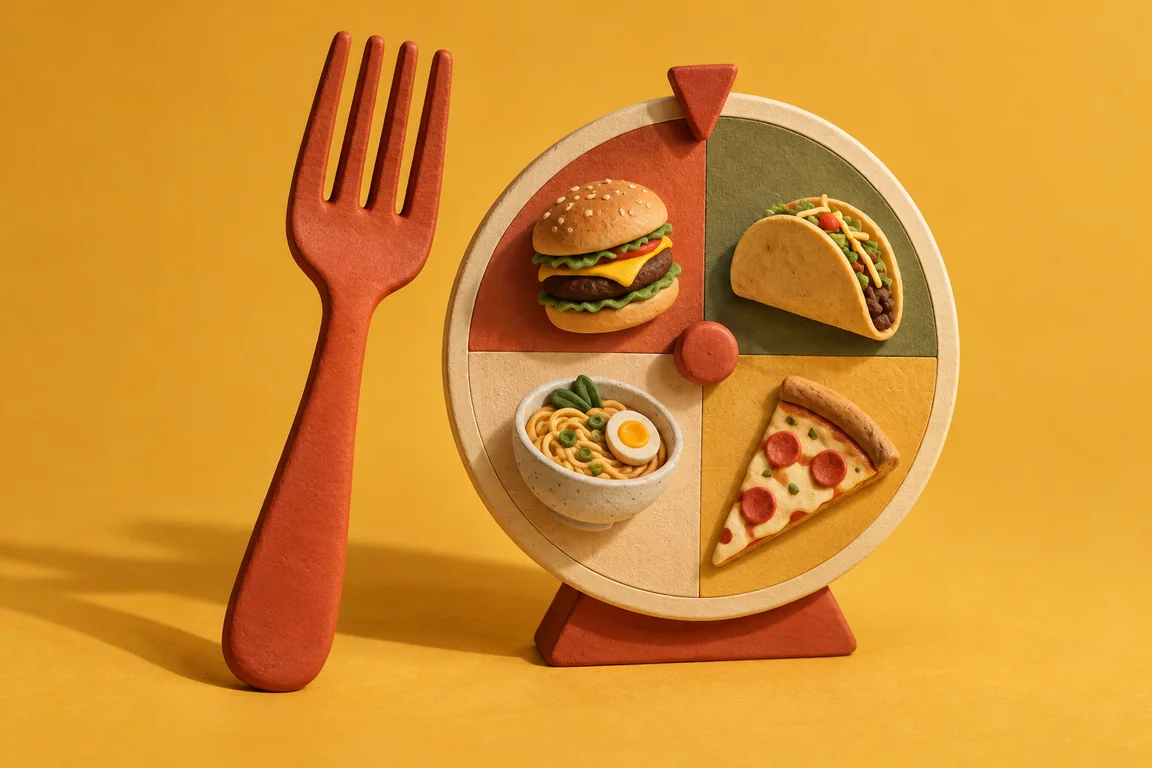 A terracotta fork beside a playful food wheel with a burger, taco, noodles, and pizza.