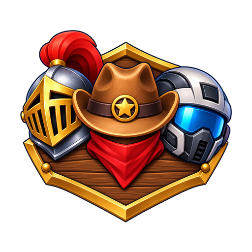 A colorful crest with a knight’s helmet, cowboy hat, and futuristic helmet.